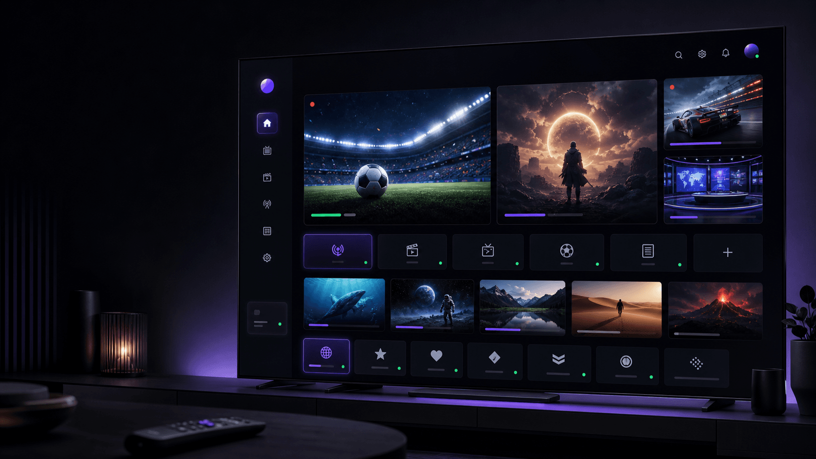 Premium IPTV streaming on a smart TV — live channels, movies and sports in 4K